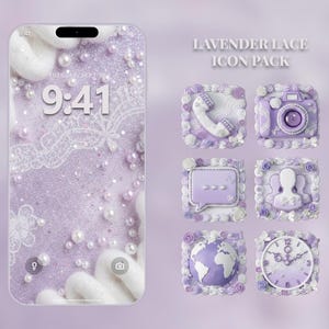 Peut inclure: Un écran de smartphone affiche un écran de verrouillage sur le thème de la lavande avec des dentelles blanches et des perles. L'image montre également six icônes d'application avec une palette de couleurs lavande et blanche assortie, dont un téléphone, un appareil photo et une horloge. Le texte "LAVENDER LACE ICON PACK" est affiché.