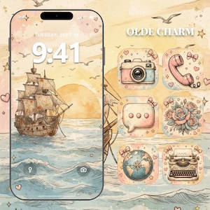 May include: A smartphone displaying a digital wallpaper of a sailing ship on a watercolour ocean at sunset, accompanied by six matching app icons featuring a camera, telephone, speech bubble, roses, globe, and typewriter, labelled OLDE CHARM.