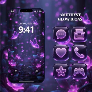 May include: A smartphone displaying a purple floral and butterfly wallpaper with the time 9:41 and date Tuesday, Sept 10. Beside it are six square app icons labeled Amethyst Glow Icons, featuring glowing purple symbols for chat, typewriter, heart, phone, flower, and game controller.