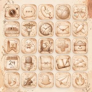 May include: A collection of twenty-five square app icons in a sepia-toned aesthetic, featuring illustrations of a camera, speech bubble, phone, globe, bow, cassette, caduceus, clock, envelope, airplane, bookmark, duck, book, cross, chest, calendar, microphone, scroll, open book, cloud, logo, inkwell, ghost, paper plane, and flame.