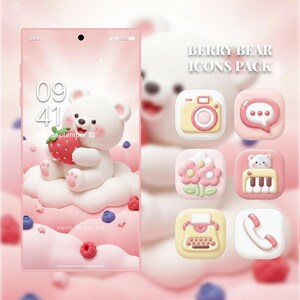May include: A pink and white phone screen displays a cute bear holding a strawberry, with the text "SWIPE TO UNLOCK." To the right, a set of icons with a camera, chat bubble, flowers, piano, typewriter, and phone, all in a similar style.
