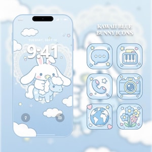 May include: A light blue smartphone displays a bunny and pony illustration, with matching app icons. The screen shows the time 9:41 and the date Tuesday, Sept 10. The text "KAWAII BLUE BUNNY ICONS" is also visible.