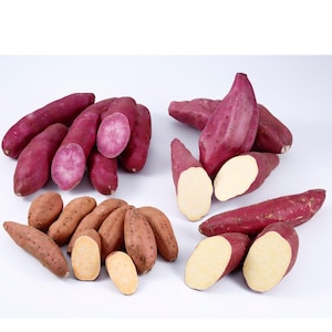 May include: An assortment of sweet potatoes, including whole and halved varieties. The image showcases purple-skinned sweet potatoes with purple flesh, and brown-skinned sweet potatoes with cream-colored flesh. The sweet potatoes are arranged on a white surface.