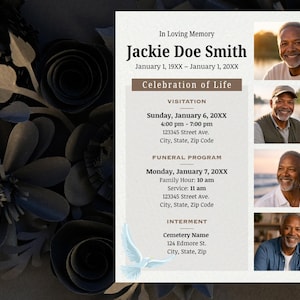 May include: A memorial announcement with the text "In Loving Memory Jackie Doe Smith" and dates. It includes a schedule for visitation, a funeral program, and interment details. Photos of a smiling man are included.