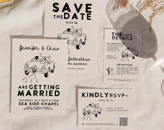 Retro Sports Car Wedding Invitation Suite, Whimsical Hand-Drawn Design (Digital Download)