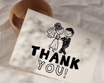 Whimsical Wedding Thank You Cards, Retro Hand Drawn Bride Groom (Digital Download)