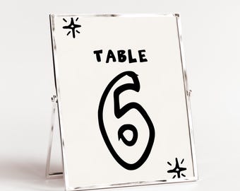 Whimsical Wedding Table number sign, Hand written scribble Name Place Card Template (Digital Download)