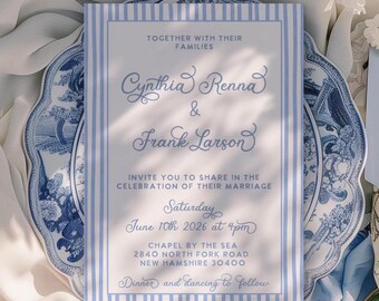 Blue Wedding Invitation, traditional modern Calligraphy invite, Pinstripe Framed unique wedding  (Digital Download)