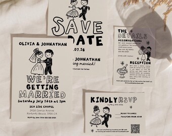 Modern Wedding invitation suite, Whimsical Save the Date, Retro hand drawn, RSVP bundle (Digital Download)