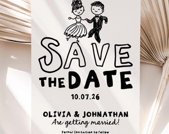Handgeschreven Save the Date-uitnodiging, retro bruid en bruidegom (digitale download)