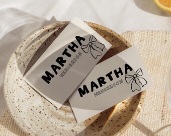 Whimsical Bow Wedding Place Card Template, Hand written scribble (Digital Download 2x3.5in Folded)