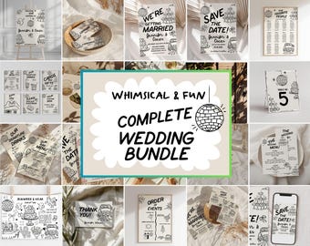 Whimsical Wedding Invitation Bundle, Hand-Drawn Retro Wedding suite, Editable (Digital Download)