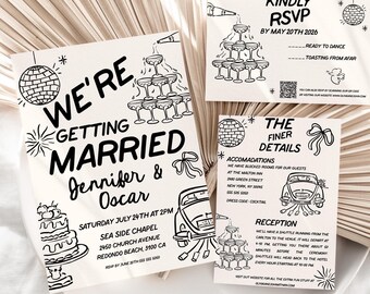 Modern Hand-Drawn Wedding Invitation Suite, Retro Champagne Tower, Whimsical (Digital Download)