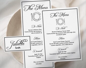 Classic Old Money Menu & Place Card Set Template, Classy name cards, Script (Digital Download)