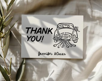 Whimsical Wedding Thank You Cards, Retro Hand Drawn Style (Digital Download)