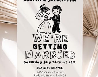 Modern Wedding invitation, Whimsical Retro hand drawn bride and groom invite (Digital Download)