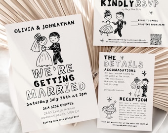 Retro Wedding Invitation Suite, Hand-Drawn Bride and Groom (Digital Download)
