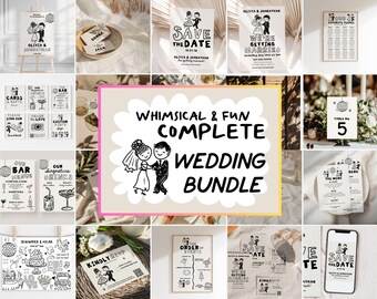 Whimsical Bride and Groom Wedding Invitation Bundle, Hand-Drawn Retro Wedding suite, Editable (Digital Download)
