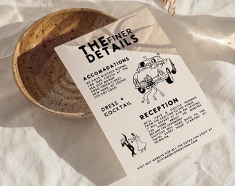 Vintage Sports Car Wedding Detail Card, Retro Bride and Groom (Digital Download)