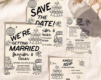 Whimsical Wedding Invitation Suite, Save the date, Hand-Drawn Retro Wedding invite, RSVP, Details (Digital Download)