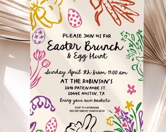 Easter Brunch invitation, hand drawn whimsical bunny egg invite, editable template, instant download