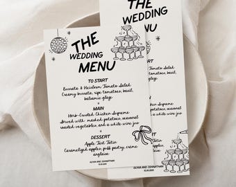 Whimsical Wedding Menu and Place Card Template, Hand Written Style, champagne tower (Digital Download)
