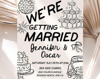 Whimsical Hand drawn Wedding Invitation, Retro handwritten invite, champagne tower illustrations (Digital Download)