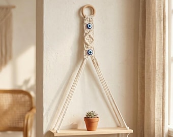 Mensola da parete in macramè con occhio di Allah, stile boho, galleggiante, in legno, per piante, decorazione nordica per la casa, idea regalo