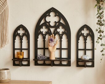 Mensola da parete gotica in legno con supporto in cristallo – Decorazione rustica boho