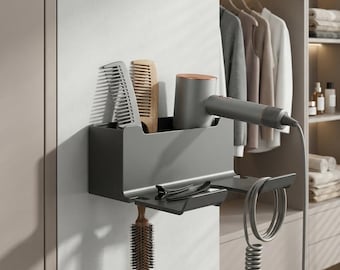 Supporto da parete per asciugacapelli: mensola organizer in metallo per il bagno.