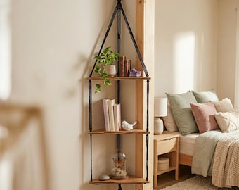 Mensola angolare in macramè stile boho, mensola a parete galleggiante in legno, arredamento rustico nordico, espositore per piante.