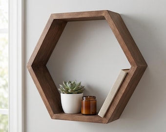 Mensola esagonale galleggiante in legno, decorazione geometrica per il bagno, organizer per la casa, stile moderno e rustico, idea regalo.