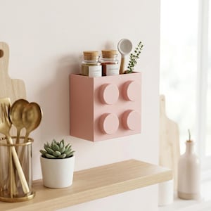 Può includere: Un contenitore da parete rosa a forma di mattoncino, con quattro borchie circolari in rilievo. Contiene vasetti di spezie, un cucchiaio ed erbe. I vasetti sono etichettati "Cumin" e "Paprika".