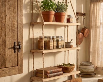 Mensola da parete sospesa in legno, con corda, a 1/2/3 livelli, per decorazioni domestiche