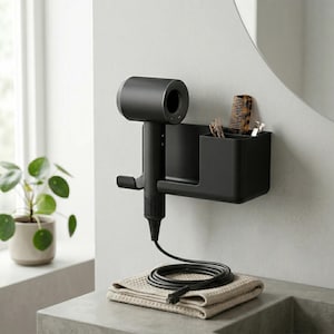 Wall Mounted Hair Dryer Holder No Drill Adhesive Bathroom Organizer Storage Rack Space Saving