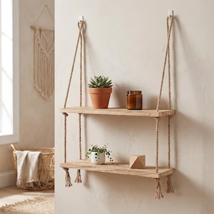 Rustik hängande flytande trähylla för växter, bohemisk repvägghylla för heminredning