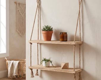 Mensola sospesa in legno rustico per piante, mensola da parete in corda boho, decorazione per la casa