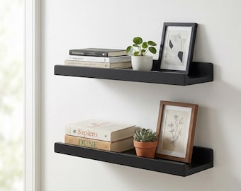 Set di 2 mensole a parete galleggianti nere, mensola moderna in legno per esporre libri e foto nella cameretta dei bambini.