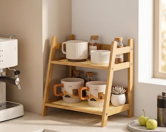 Porta spezie a 2 livelli in bambù, organizer da banco per cucina, supporto per bar e angolo caffè.