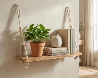 Mensola da parete galleggiante in legno con corda, decorazione rustica per riporre le piante