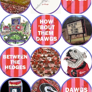 May include: A collection of circular designs featuring the University of Georgia Bulldogs. Images include a stadium, bulldog illustrations, and text like "Sic Em" and "Dawgs Win". The color scheme is red, black, and white.