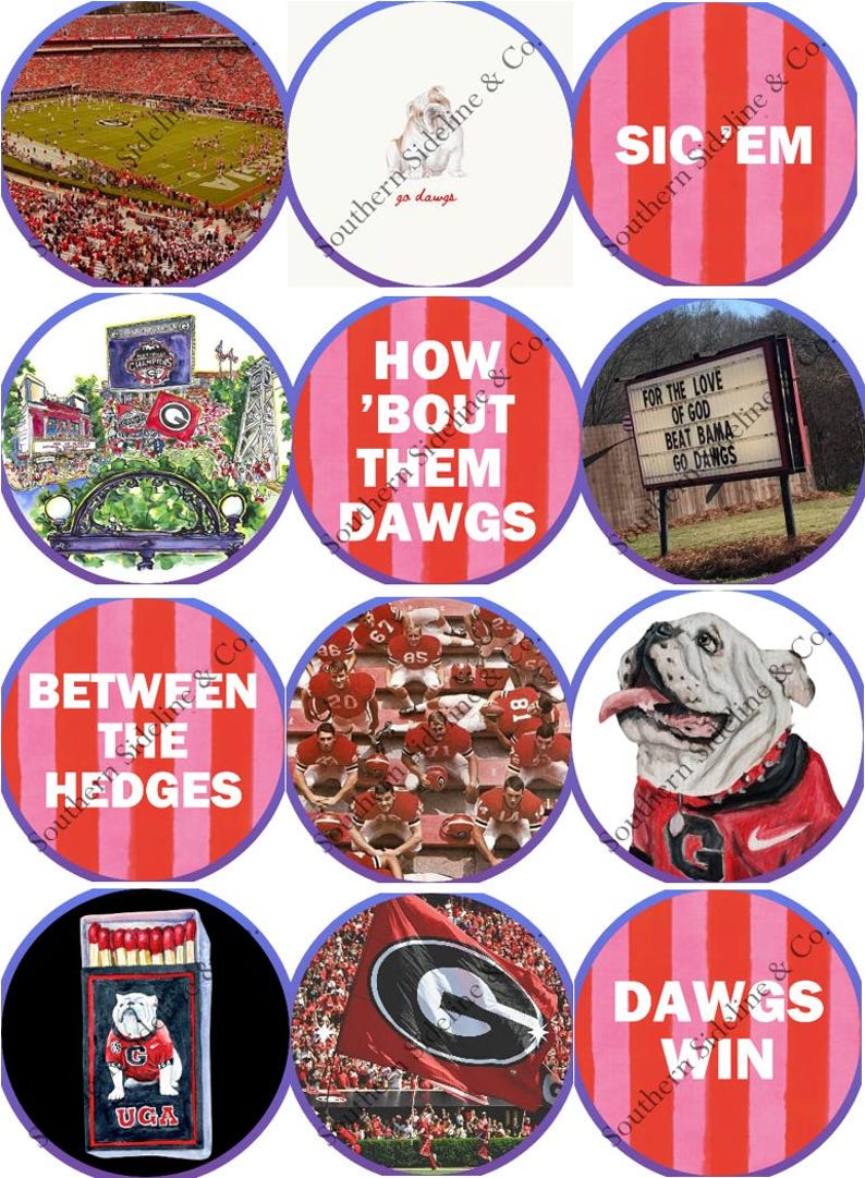K&ouml;nnte beinhalten: Eine Sammlung kreisf&ouml;rmiger Designs mit den University of Georgia Bulldogs. Die Bilder zeigen ein Stadion, Bulldoggen-Illustrationen und Text wie "Sic Em" und "Dawgs Win". Das Farbschema ist rot, schwarz und wei&szlig;.