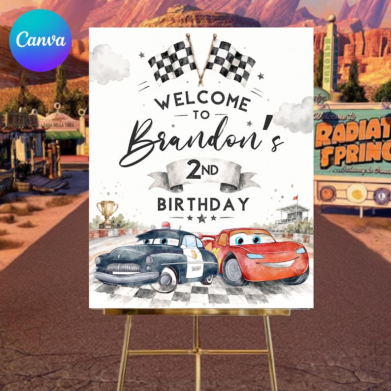 Cars 2nd Birthday Welcome Sign, Lightning McQueen Poster, Editable Digital Birthday Party Decor, DIY, Text, Instant Download