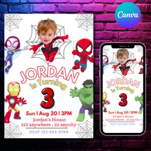 Spidey Birthday Invitation with Photo, Editable Superhero Invite Boy, Face Swap Template, Canva., DIY text, Instant download