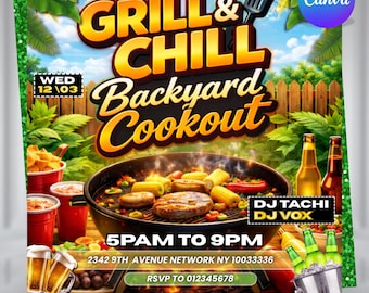 Backyard Cookout Flyer, BBQ Party Flyer, Summer Cookout Invitation, Food Event Flye, Editable Canva Template, DIY text, instant download