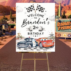 Cars 2nd Birthday Welcome Sign, Lightning McQueen Poster, Editable Digital Birthday Party Decor, DIY, Text, Instant Download