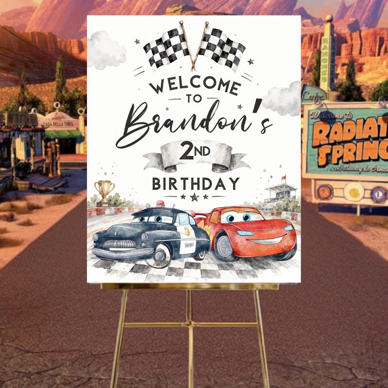 Cars 2nd Birthday Welcome Sign, Lightning McQueen Poster, Editable Digital Birthday Party Decor, DIY, Text, Instant Download