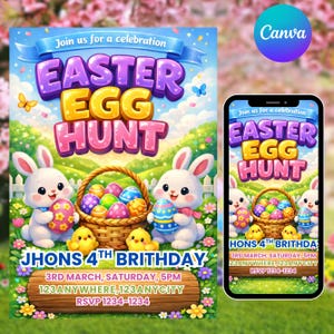 May include: A colorful Easter Egg Hunt invitation with the text "Easter Egg Hunt" in large, playful letters. The design includes cartoon bunnies, Easter eggs, and chicks. The invitation also includes the text "JHONS 4TH BRITHDAY".