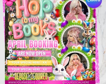 April Booking Flyer Template Hop to My Books Easter Promo, Spring Hair Lash MUA Service Flyer, Canva Download, DIY text, instant download