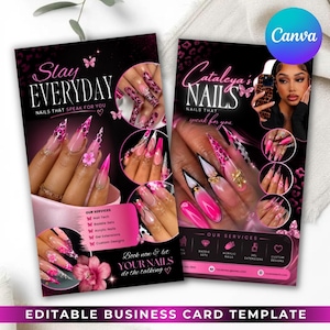 May include: Two rectangular business card templates featuring a black background with pink leopard print accents. The designs display various long, pointed acrylic nail styles with pink and black patterns, floral embellishments, and text including Slay Everyday, Cataleya's Nails, and Our Services.